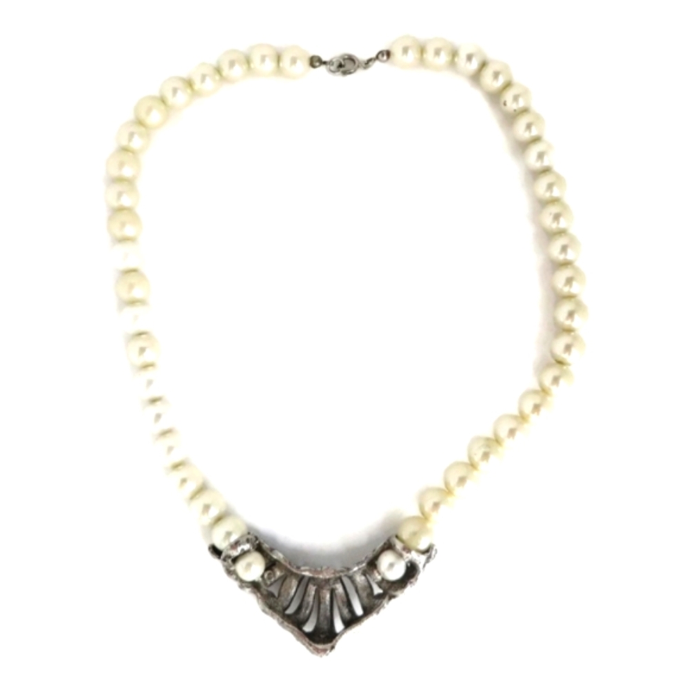 🐦⬛ Exquisite Art Deco Inspired Vivid White Pearl & Silver Statement Necklace - Picture 12 of 13